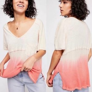 Free People Sundial Ombre Oversized Top Coral XS Tee Shirt Boho V Neck Baggy